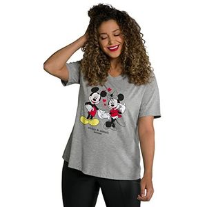 Ulla Popken T-shirt, Mickey Mouse, V-hals, halve mouw dames, lichtgrijs gemêleerd