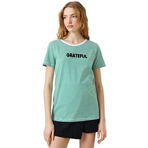 Koton T-shirt à manches courtes et col rond en coton imprimé pour femme, Green Stripe (7s8), M