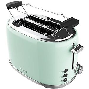 Cecotec Toast&Taste 1000 Retro Double Green 2-Slice Toaster. 980 W, 2 brede en korte sleuven van 3,8 cm, roestvrij staal, bovenste verwarmingsstaven, verstelbare kracht, crumb lade