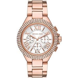 Michael Kors Camille Dameshorloge, chronograaf uurwerk met roestvrijstalen of leren band, Roségoud en witte glitter, Armband