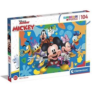 Clementoni 25745 Supercolor Disney Mickey and Friends puzzel 104 stukjes vanaf 6 jaar, kleurrijke puzzel voor kinderen met speciale helderheid en kleurintensiteit, behendigheidsspel voor kinderen,