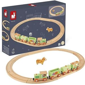 Janod - Set trein van de boerderij Story ��– 5 figuren van hout – speelgoed voor fantasie – dieren op de boerderij met voertuigen – compatibel met de bestaande rails op de markt – vanaf 3 jaar, J08578