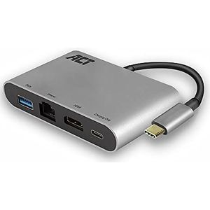 ACT USB-C 4K multiport dock met HDMI, USB-A, Ethernet en USB-C met PD Pass-Through, kabellengte 0,15 m, aluminium behuizing
