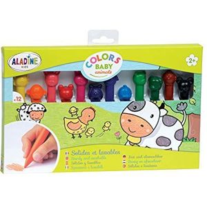 Aladine - 12 kleurpotloden voor dieren – potloden voor kinderen van 2 jaar, 3 jaar wasbaar – pastelkrijtjes om in te kleuren – kleuren baby dieren – potloden geel oranje rood roze paars blauw groen