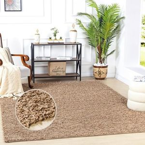 Surya Home Shaggy tapijt voor woonkamer, slaapkamer, eetkamer, berber abstract, hoogpolig, wit, pluizig groot tapijt, 160 cm, donkerbeige