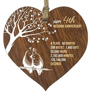 Stuff4 Houten bord in hartvorm voor de 4e bruiloft - souvenir van donker hout - vier de trouwdag van uw vrouw, echtgenoot, vriend, vriendin, met citaten