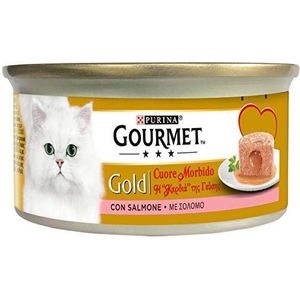 Purina Gourmet Gold, zacht hart, natvoer voor katten met zalm, 24 blikjes van 85 g