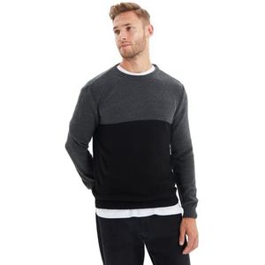 Trendyol Slim Fit trui met ronde hals en kleurblokken trainingspak heren, zwart, M, zwart.