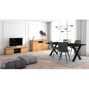 Skraut Home - Woonkamermeubelset | tafel 200 zwarte poten x 10 gasten | tv-kast 140 | spatwand / dressoir 140 | eiken en zwart | industriële stijl