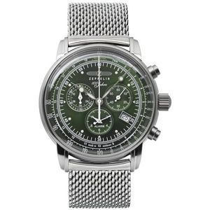 Zeppelin Herenhorloge met Milanese armband van massief roestvrij staal 100-jarige serie Zeppelin chronograaf datum alarm 8680M, groen, armband, Groen, armband