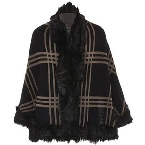 ALARY Cape d'écharpe tendance pour femme - À carreaux - Avec col en fourrure - Cardigan tricoté - Noir - Taille unique, Noir, taille unique