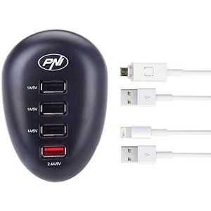 PNI HC411LM USB-oplader met Lightning-kabel en micro-USB-kabel voor mobiele telefoons, tablets, camera's, zwart