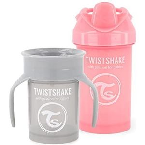 Twistshake Drinkbekers voor baby's, set van 2, 1 x mok 360 + 1 x beker met handgrepen, BPA-vrij, leerbeker voor kinderen, waterfles, grijs-roze