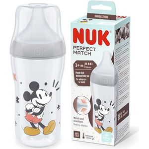 NUK Perfect Match babyfles, 3 maanden, geschikt voor het gehemelte van de baby, temperatuurregeling, anti-koliek opening, 260 ml, BPA-vrij, fopspeen M van siliconen, Disney Mickey Mouse [Grijs]