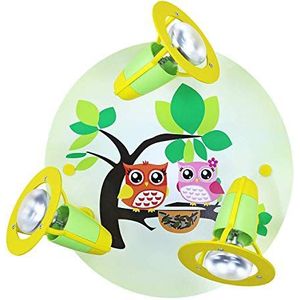 Elobra 128251 plafondlamp voor kinderkamer, uil en 3 draaibare spots voor meisjes en jongens, met E14-fitting, groen