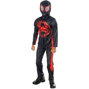 Rubies Miles Morales Deluxe kinderkostuum jumpsuit met gespierde borst en masker, officiële Marvel Spider-man Across Multiverse voor Halloween, carnaval en verjaardag