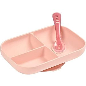 BÉABA, Babymaaltijdset, met zuignap, antislip, siliconen bord met vakken + lepel, gezond en duurzaam, vaatwasmachinebestendig, magnetron, vriezer, onderhoudsvriendelijk, roze