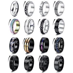 FIOROYAL 16 stuks herenringen roestvrij staal anti-angst fidget ringen spinner zwart zilver band ringen voor mannen vrouwen 54-70, Geen edelsteen