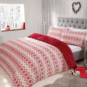 Sleepdown Just Contempo Beddengoedset, flanel, dekbedovertrek en kussenslopen, abstract strepenpatroon, omkeerbaar, wit/rood, Super King Size (260 x 230 cm)