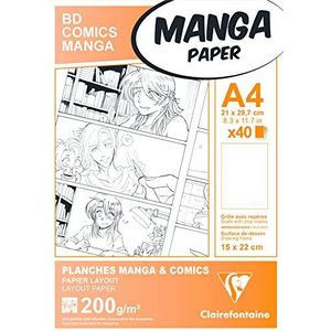 Clairefontaine 94047C Manga en multifunctionele etui, 40 vellen, wit tekenpapier, extra glad, A4, 21 x 29,7 cm, 200 g, bedrukt papier met rooster, 6 vakken, voor het tekenen met alcoholvilt