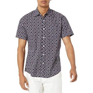 Amazon Essentials Heren bedrukt overhemd korte mouwen klassieke pasvorm marineblauw/roze schelpen M
