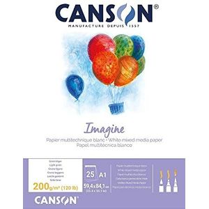 CANSON Imagine, multi-technisch papier, lichte korrel, 200 g/m², 54,43 kg, gelijmd schrijfblok met korte zijde, A1 - 59,4 x 84,1 cm, natuurwit, 25 vellen