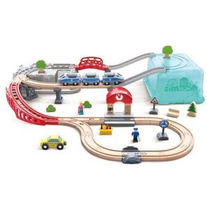 Hape Speelgoedset voor trein, kraan en opbergemmer, 48-delig, trein, locomotief, station, auto's, figuren, educatief spel voor kinderen vanaf 3 jaar, compatibel met traditionele merken