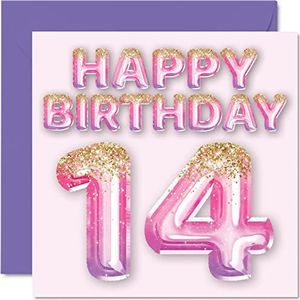 Verjaardagskaart voor de 14e verjaardagskaart, ballonnen, roze en violet, verjaardagskaart voor meisjes, 14e verjaardag, meisjes, zus, kleinkind, neefje, 145 mm x 145 mm