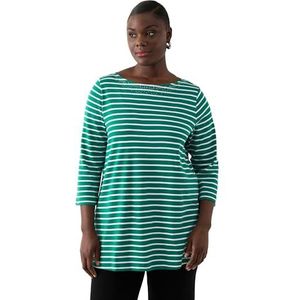 Ulla Popken 826538 T-shirt à rayures en coton Pima pour femme, grandes tailles, col bateau, manches 3/4, vert, 52-54