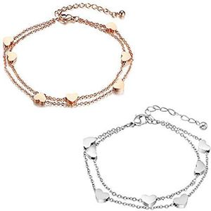 roségouden armband dames roségoud armband met hart hanger dubbele ketting dames meisjes sterarmband vriendschapsarmband, roestvrij staal