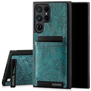 SURAZO Samsung Galaxy S23 Ultra Premium echt lederen backcover case cover - stootvaste lederen beschermhoes [kaartenvak, stafunctie sleutelring] Floral Slim Bumper (turquoise ornament)