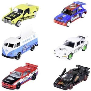 Majorette - Miniatuurauto uit de Deluxe Edition 60e verjaardag, willekeurige selectie van 6 speelgoedauto's met gelicentieerde print en metalen doos, 7,5 cm, vanaf 3 jaar