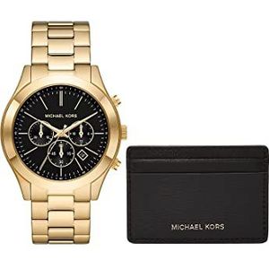 Michael Kors Runway Herenhorloge, chronograaf uurwerk met roestvrijstalen of leren band, Gouden en zwarte set