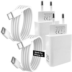 4 stuks oplader voor iPhone 15 Pro Max Plus met kabel type C PHONIX Italia, 2 voedingen, accu voor iPhone 15, snel, 20 W en 2 USB-C-oplaadkabels
