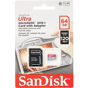 SanDisk Ultra 64 GB microSDXC geheugenkaart + SD-adapter. Leessnelheid tot 120 MB/s, klasse 10, UHS-I, A1-getest