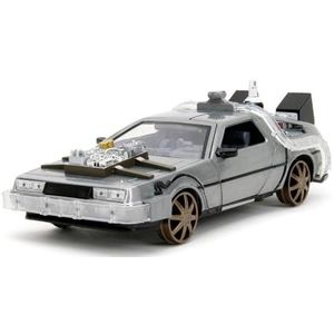 Jada Toys - Time Machine - Back to The Future 3 - Miniatuurauto van metaal 1:24 - Deuren om te openen - LED-licht - Versie met bruine velgen - 20 cm - Zilver