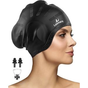 Badmuts voor lang haar voor dames en heren met 3D-oorbescherming, siliconen badmuts voor lang/kort haar om het haar droog te houden, waterdichte badmuts voor