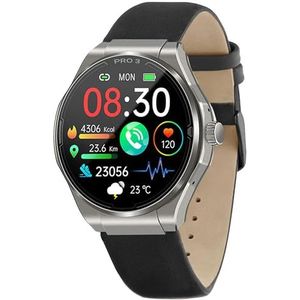 Knauermann PRO 3 (2024) Gezondheid Smartwatch met telefoonfunctie ECG HRV en SOS AMOLED BT Bluetooth display slaapapneu echt lederen band zwart 14-24 rond zwart, zwart.