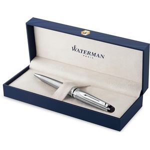 Waterman Expert pen, roestvrij staal, verchroomd, middelste punt met blauwe inktpatroon, geschenkdoos