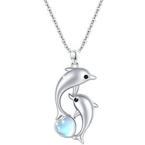 MEDWISE Damesketting 925 sterling zilver dolfijn hanger blauwe hart kristallen ketting voor dames prachtige geschenkdoos, Sterling Zilver