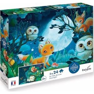 Calypto 3907706 Set van 2 dierenpuzzels in maanlicht, voor kinderen vanaf 3 jaar, zacht gevoel, met grote onderdelen, fluweelachtig oppervlak, met puzzelposter, voor kinderen vanaf 3