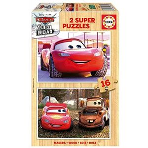 Educa - Puzzels Cars | Set van 2 puzzels van hout met elk 16 stukjes. Afmetingen eenmaal gemonteerd: 26 x 18 cm. Bestaat uit grote, perfect afgewerkte onderdelen. Aanbevolen vanaf 3 jaar (19670)