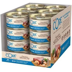 Wellness CORE Signature Selects Natvoer in graanvrije bouillon, hoog vleesgehalte, geflaked, bonito en garnalen, 24 x 79 g