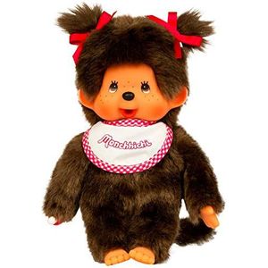 Bandai - Monchhichi - Pluche - Meisje met roze en wit slabbetje 20 cm - 25555