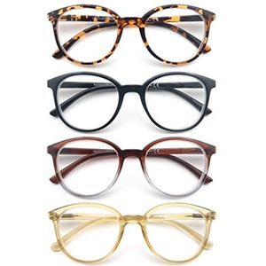 MODFANS Set van 4 leesbrillen voor dames en heren, blokkering van blauw licht, bril, vergrootglas, rond montuur, veertak