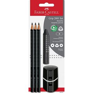 Faber-Castell 580024 Grip 2001 potloden met 3 potloden, gum en puntenslijper, zwart, 5 stuks