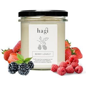 Hagi Berry Lovely Sojakaars, brandduur ca. 75 uur, geurkaars in glas, ecologische sojawas, geur bloemen en frambozen, veganistische cosmetica