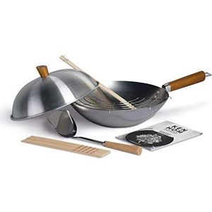 Ken Hom Traditionele wok van koolstofstaal, 32 cm, met deksel, gereedschap, eetstokjes en receptenboek, klassiek, niet vaatwasmachinebestendig, niet inductie, 2 jaar garantie