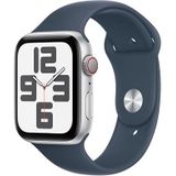 Apple Watch SE (2e generatie, 2023) (44 mm GPS + cellular) smartwatch met behuizing van zilverkleurig aluminium en sportarmband - stormblauw - M/L. Fitnesstracker, slaaptracker, retina-display
