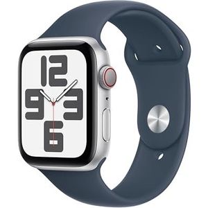 Apple Watch SE (2e generatie, 2023) (44 mm GPS + cellular) smartwatch met behuizing van zilverkleurig aluminium en sportarmband - stormblauw - M/L. Fitnesstracker, slaaptracker, retina-display